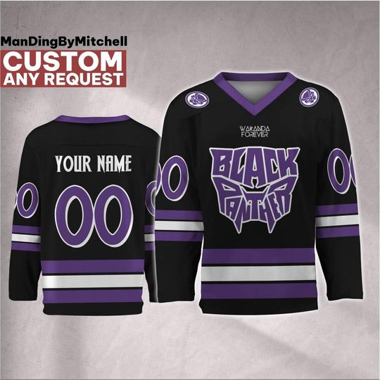 Discover Personalize Marvel Black Panther Superhero Purple Hockey Jersey, Custom Black Panther Jersey, Sport Team Uniform for Hockey Fans Gift