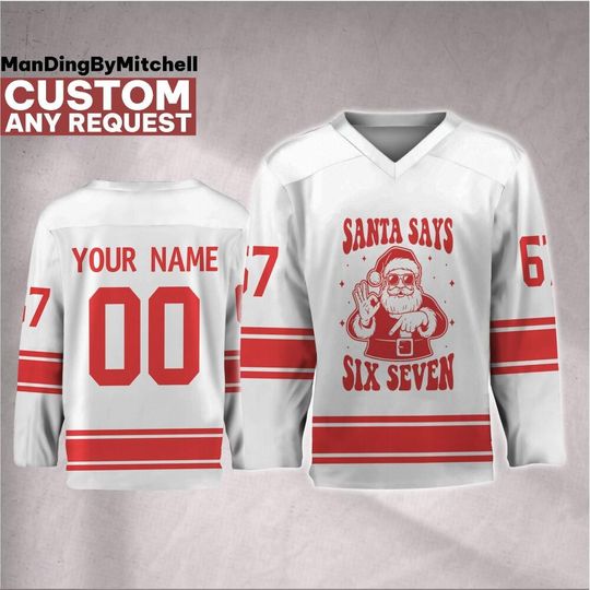 Discover Personalize Christmas Santa Say Six Seven Hockey Jersey, Custom Hockey Jersey 6-7 Meme Kids Xmas