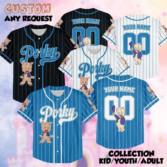 Discover Personalized Porky Pig Baseball Jersey, Custom Cartoon 90s Shirt, Porky Baseball Team Outfit, Gift For Fans, Outfit Matching Family Tee