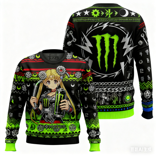 Discover Cyber Cartoon Style Sweater Mechanical Girl Pixel Style Sci Fi Black Green Color Contrast Anime Trend Christmas Party Wear