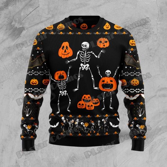 Discover PLstar Cosmos Skeleton Pumpkin Halloween 3D Printed Mens Ugly Christmas Sweater Winter Unisex Casual Knit Pullover Sweater ZZM30