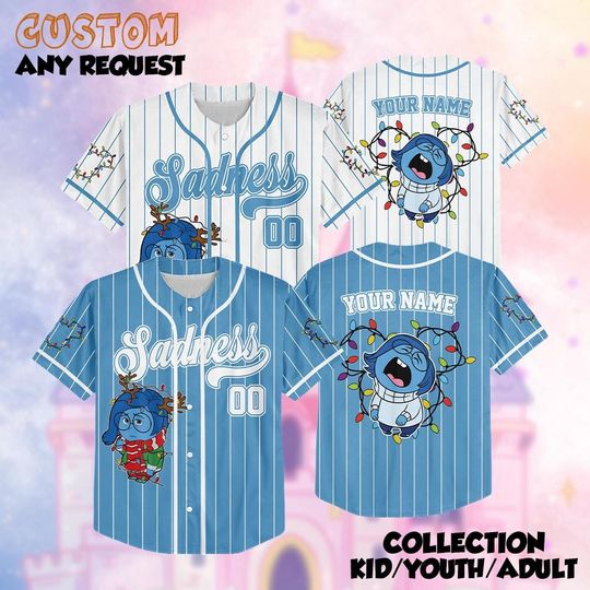 Discover Personalized Sadness Christmas Baseball Jersey, Custom Disney Inside Out Shirt, Disney Baseball Shirt for Fans, Family Baseball Jersey