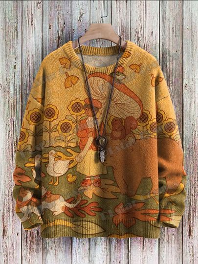 Discover Funny Animals Sunflower Mushroom Art Pattern 3D Printed Men's Knitted Pullover Winter Unisex Casual Knit Pullover Sweater ZZM52