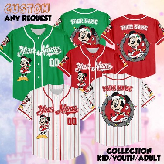 Discover Personalized Minnie Mouse Christmas Baseball Jersey, Minnie Mouse Jersey Team, Christmas Baseball Jersey, Disneyland Christmas Party