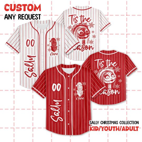 Discover Personalized Nightmare Before Christmas Baseball Jersey, Custom Sally Xmas Team Shirt Gift, Jack And Sally Xmas Jersey