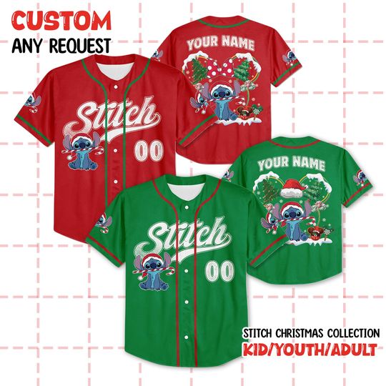 Discover Personalized Stitch Christmas Baseball Jersey, Custom Disney Holiday Shirt, Stitch Festive Outfit, Matching Family Tee