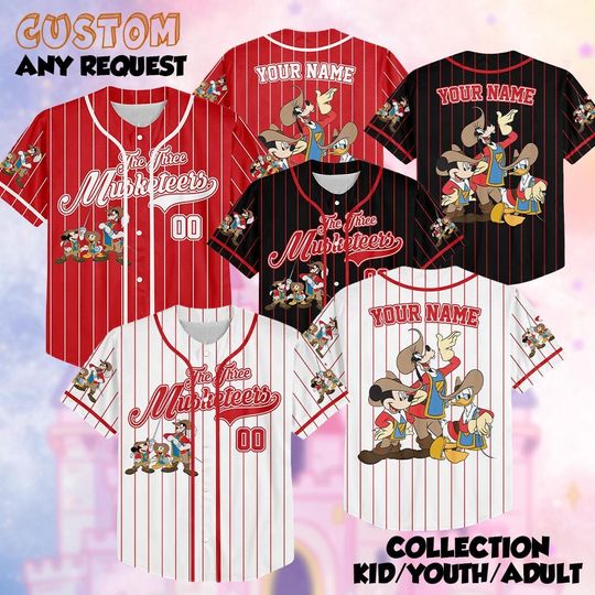 Discover Personalized The Three Musketeers Baseball Jersey, Disney Mickey Donald Goofy Jersey Shirt, Family Matching Outfit, Birthday Gift