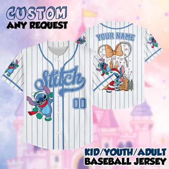 Discover Personalized Stitch Christmas Baseball Jersey, Custom Disney Holiday Shirt, Stitch Festive Outfit, Matching Family Tee
