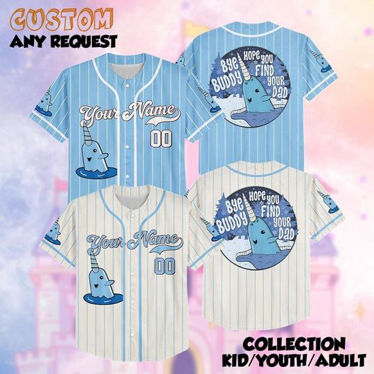 Bye Buddy Hope You Find Your Dad baseball Jersey, Buddy Narwhal Xmas Shirt, Christmas Classic Movie, Whale Festive Gift