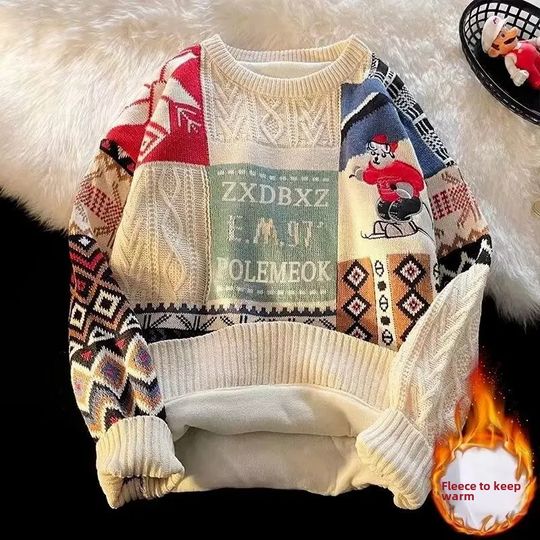 Trendy Loose-fit  Pullover Sweater Men Winter Casual Vintage Couple Fleece-lined Thickened Warm Crew-neck Top