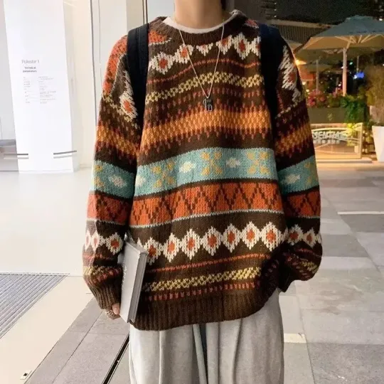 Discover Japanese Vintage Sweater Men's Trendy Ethnic Striped Loose-Fit Knitted Top Casual Crew Neck Idle Style Couple Model Sweater