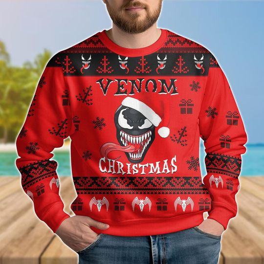 Venom Christmas Ugly Sweater, Santa Hat Venom Holiday Sweater, Christmas Party Gift, Superhero Ugly Sweater