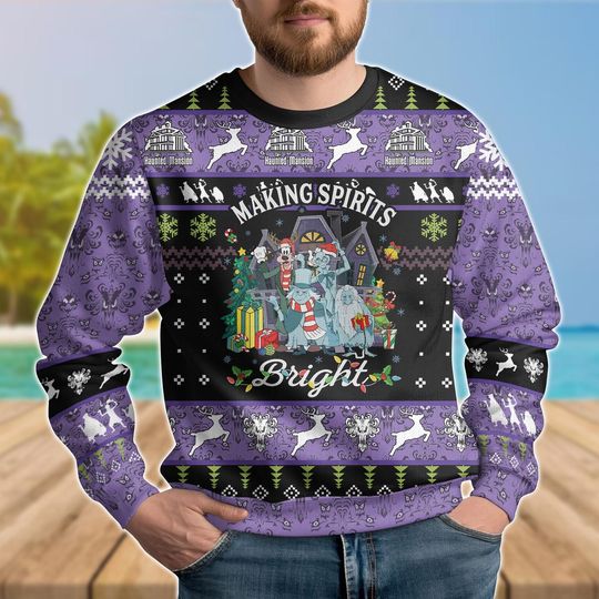 Discover Making Spirits Bright Hitchhiking Ghosts Sweater, Santa Hat Merry Christmas Haunted Mansion Sweater, Walt Disney World Shirt