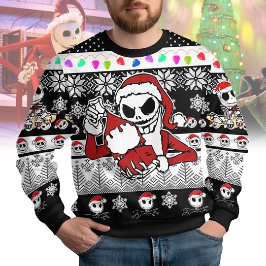 Jack Skellington and Sandy Claws Sweatshirt, Nightmare Before Christmas Ugly Sweater, Xmas Oogie Boogie Bash Sweater, Sweater Gift