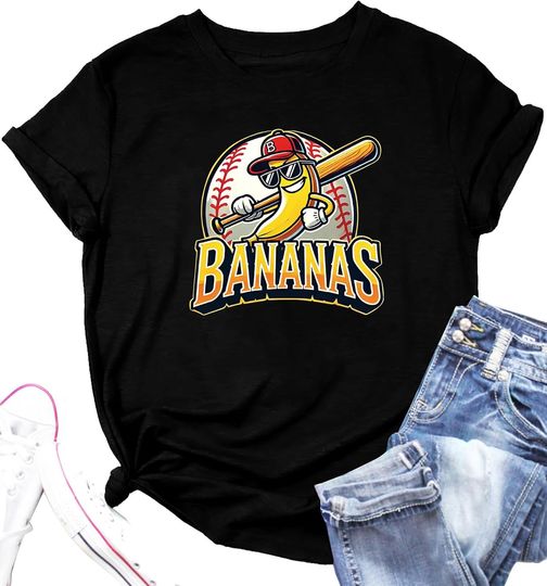 Banana Baseball T-Shirt for Women, Baseball Player Team Tee, Funny Baseball Fan Short Sleeve
