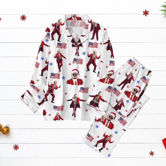 Trump Santa USA Christmas Pajamas Set, Funny Patriotic Holiday Sleepwear, Red White Blue Xmas PJs Gift, Xmas Holiday Pjs, Christmas Gif