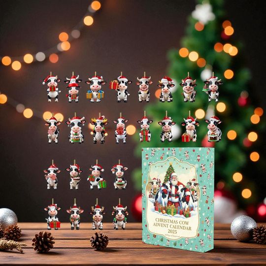 Discover Christmas Cow Advent Calendar 2025, 24 Day Acrylic Ornament Set, Cute Cow Holiday Countdown Gift, Farm Animal Christmas Decor Box