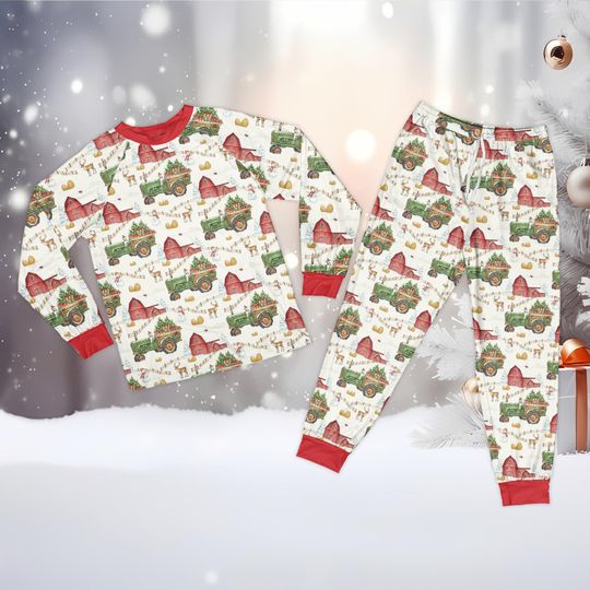 Christmas Farm Pajamas Set for Adults, Rustic Farmhouse Holiday Sleepwear, Family Christmas Pajama Set