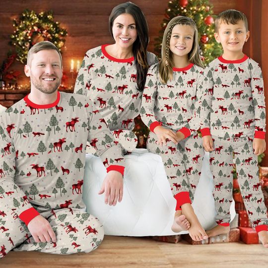 Buffalo Plaid Moose Fox Christmas Pajamas Set, Winter Forest Animals Long Sleeve Family Loungewear