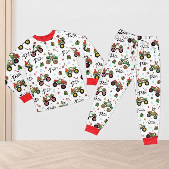 Discover Personalized Monster Truck Christmas Pajamas for Kids, Custom Name Boys Holiday Sleepwear Set
