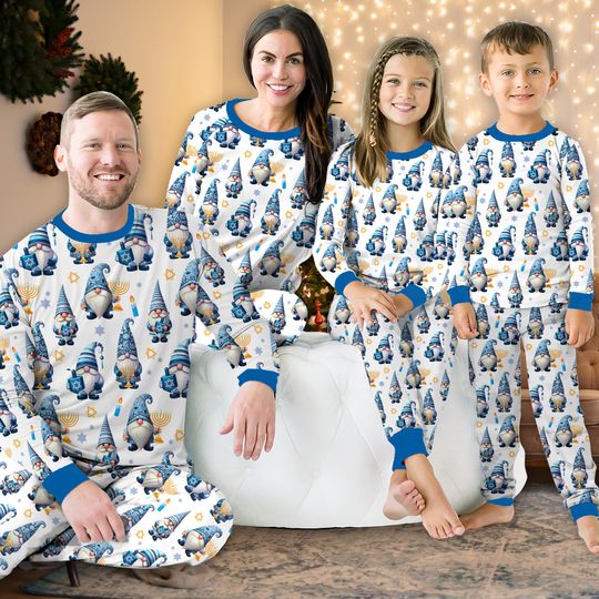 Shalom Gnomes Hanukkah Pajama Set, Menorah & Dreidel Long Sleeve Family Pajamas