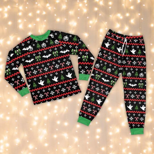 Spooky Christmas Pajamas Set - Halloween & Holiday Long Sleeve Sleepwear with Ghost, Bat, Candy Cane Designs