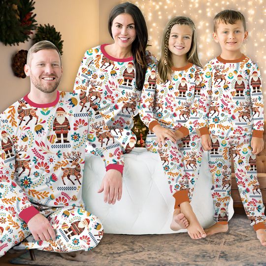 Discover Scandinavian Christmas Pajamas Set, Folk Art Santa and Reindeer Long Sleeve Two-Piece Family Pajamas