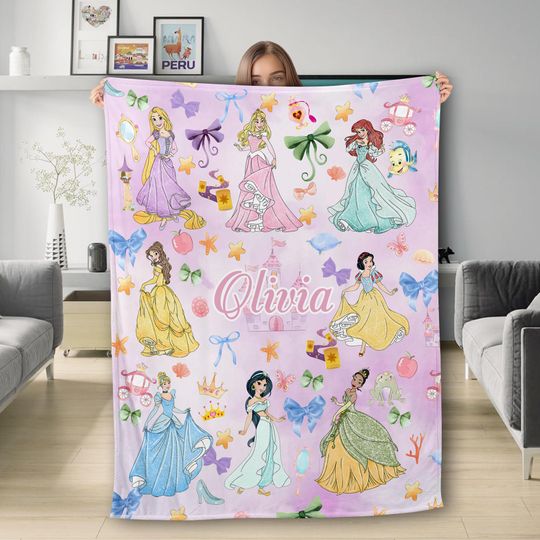 Personalized Coquette Bows Princesses Blanket, Magic Castle Baby Girl Princess Blanket, Belle Aurora Elsa Birthday Girl Blanket