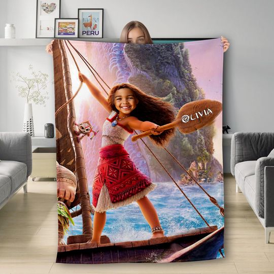 Discover Personalized Moana Princess Family Blanket, Custom Face And Name Animated Moana Blanket, Moana Princess Blanket, Moana 2 Movie Blanket