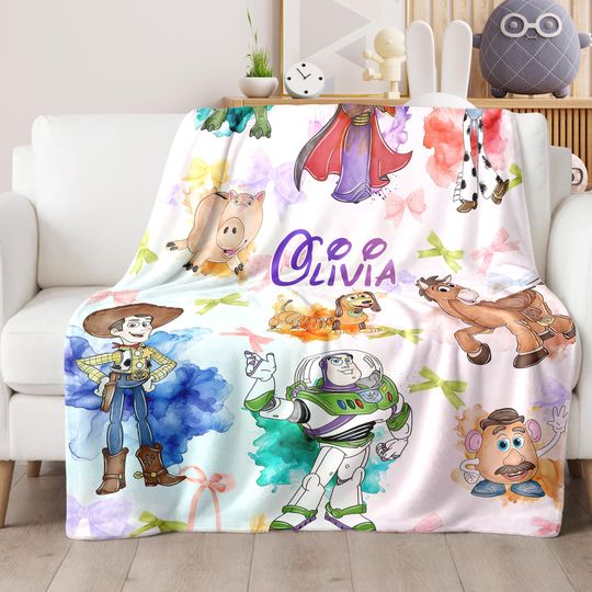 Discover Personalized Coquette Bows Disney Toy Story Watercolor Blanket, Disneyland Toy Story Birthday Blanket Gift, Buzz Lightyear Rex Blanket