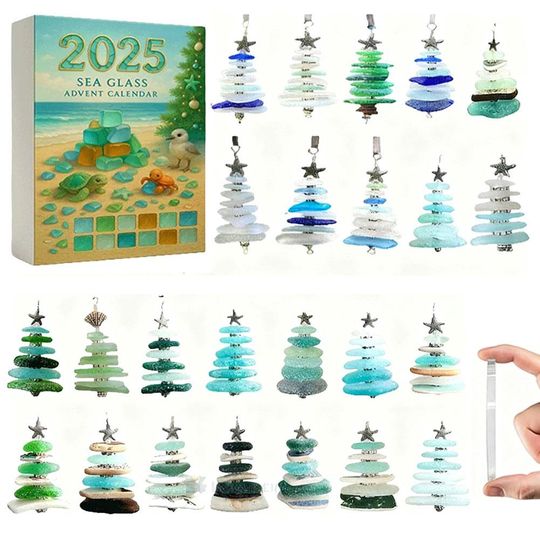 Discover Sea Glass Christmas Advent Calendar Blind Box, 24 Days Holiday Countdown Tree Hanging Ornaments, Acrylic Pendant for Xmas Home