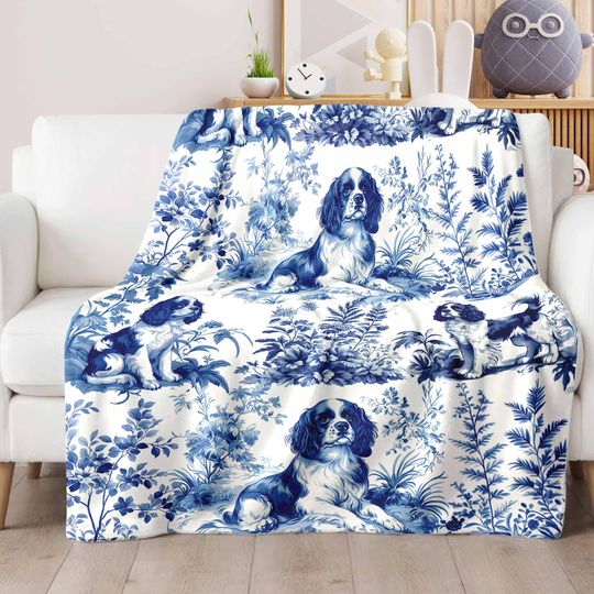 Cavalier King Charles Spaniel French Toile de Jouy Blanket, Blue Toile Blanket For Family, Gift for Dog Lover, Mother's Day Blanket