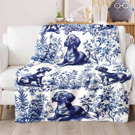 Discover Dachshund French Toile de Jouy Blanket, Blue Toile Blanket For Family, Dachshund Gift for Dog Lover, Mother's Day Blanket For Her