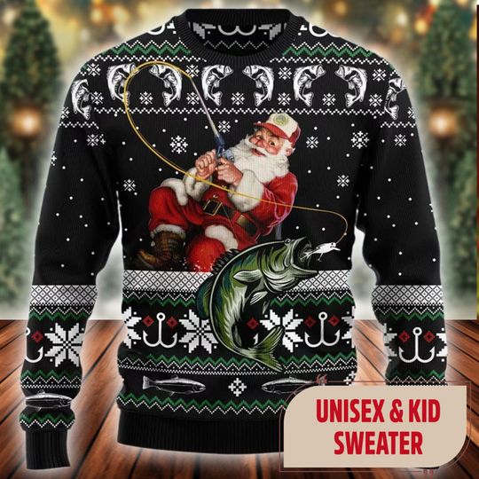 Discover Santa Claus Fishing Merry Ugly Christmas Sweater, Fishing Christmas Ugly Sweater, Fishing Xmas Sweatshirt, Christmas Gift For Men Women Kid
