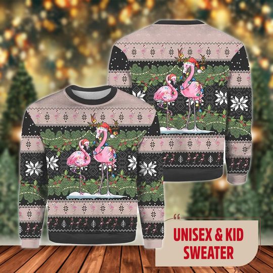 Discover Pink Flamingo Christmas Ugly Sweater, Flamingo Xmas Ugly Sweater Knitted, Flamingo Lovers Shirt, Christmas Gift For Men Women Kid