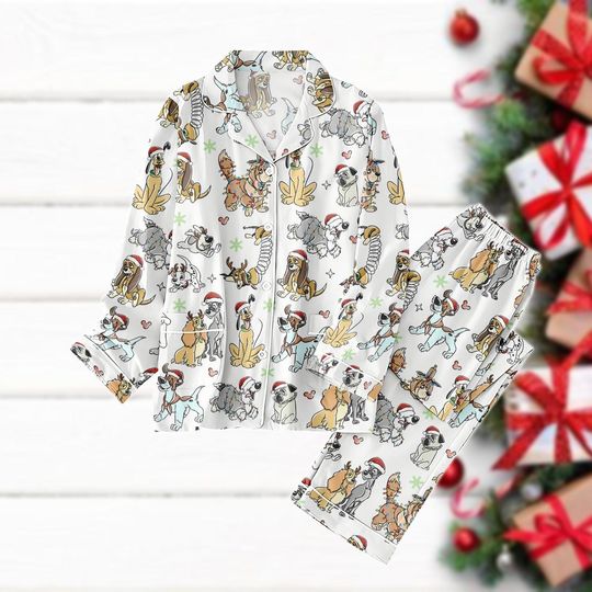 Discover Retro Disney Dogs Christmas Pajama Set for Adults, Lady Tramp Pluto Holiday Sleepwear and Loungewear