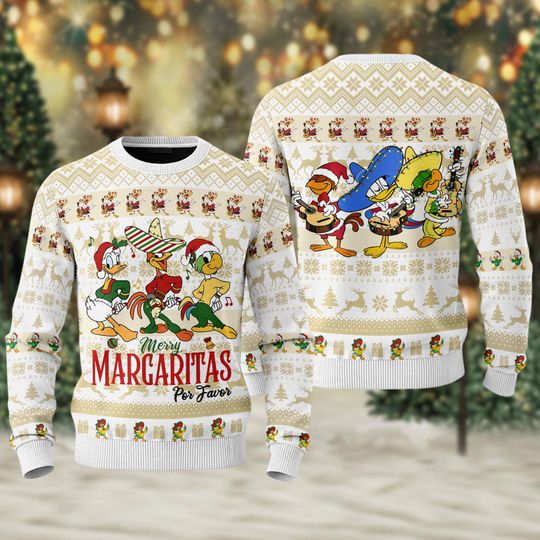 Discover The Three Caballeros Christmas Ugly Sweater, Merry Margaritas Por Favor Disney 3D Shirt, WDW Disneyland Holiday Very Merry Xmas Sweatshirt