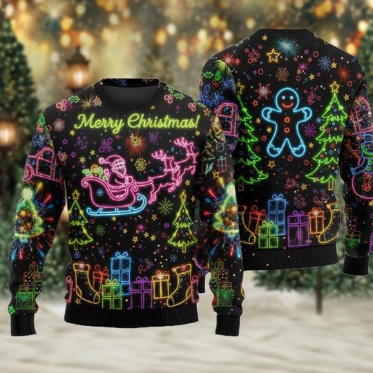 Christmas Bright Neon Lighting Ugly Sweater, Santa Claus Merry Christmas 3D Shirt, Neon Light Xmas Reindeer Sweatshirt, Xmas Party Tee