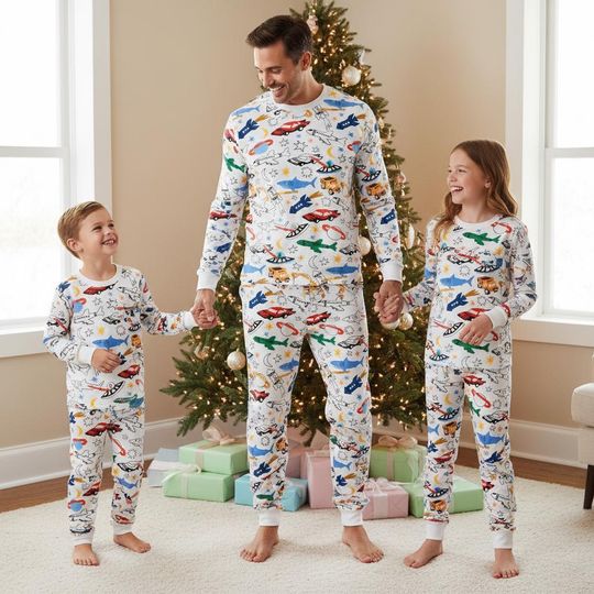 Colorful Family Pajamas Set with Cute Art and Spaceship Long Sleeve PJs for Kids and Adults