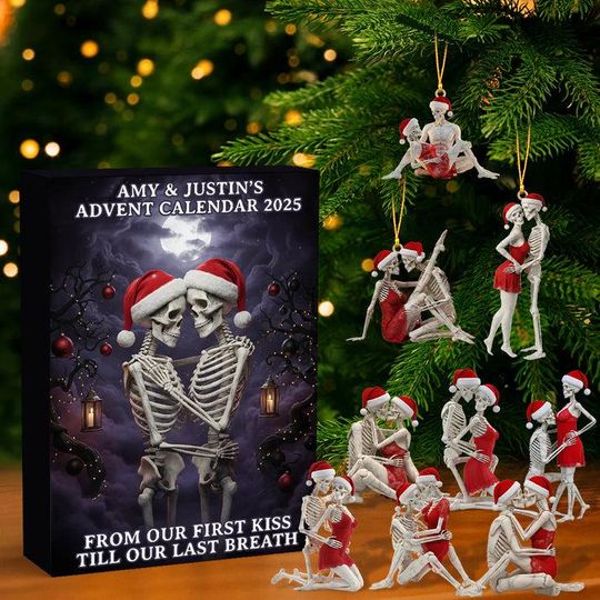 Discover Custom Spooky Couple Christmas Advent Calendar ,Anniversary Gift For Couple, Haloween Lovers Couple, Skeleton Skull Gift, Spooky Decor