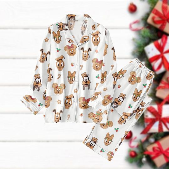 Discover Mickey & Friends Christmas Pajama Set for Adults, Disney Gingerbread Holiday Sleepwear for Family