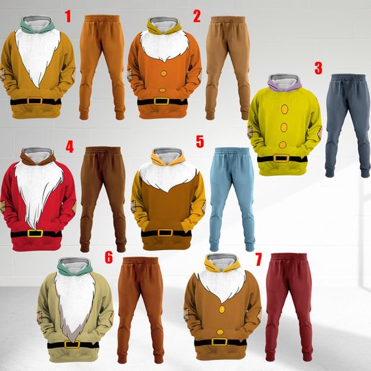 Discover Disney Seven Dwarfs Costume 3D Hoodie Joggers Sets, 7 Dwarfs Cosplay Matching Hoodie, Disneyland Snow White Halloween For Family Group Shirt