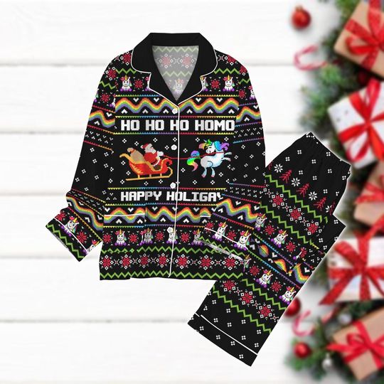 Happy Holigays Pajamas Set with Santa Claus and Unicorn Design for Adults