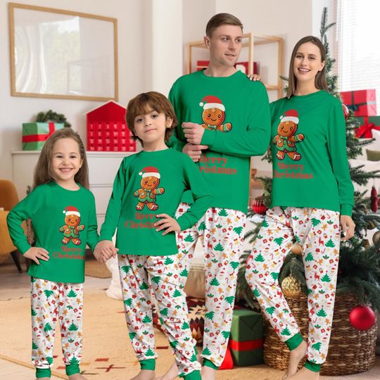 Matching Family Christmas Pajamas, Gingerbread Man Holiday PJs Set, Sleepwear for Mom, Dad, Kids, Baby, Cozy Xmas Outfit for Family Photos