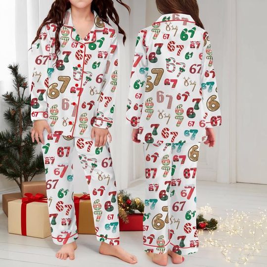 Discover Funny 67 Meme Christmas Silky Pajama Set For Kids, Six Seven Christmas Set, 67 Hands Christmas Pjs, Six Seven Pjs, Family Pajamas