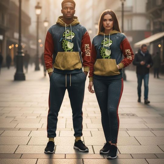 Discover Unisex Streetwear Frog Tracksuit Couple Set - Matching Hoodie and Joggers/Leggings, Urban Resist Design for Him and Her