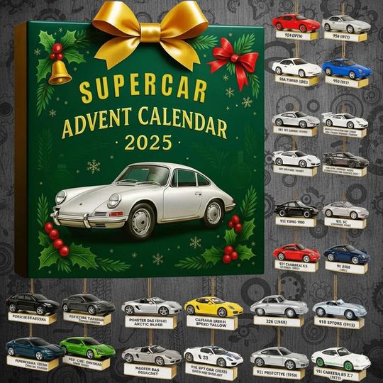 Discover Supercar Advent Calendar 2025 | 24 Iconic Sports Car Ornaments Set | Porsche Fan Christmas Gift | Luxury Car Decor