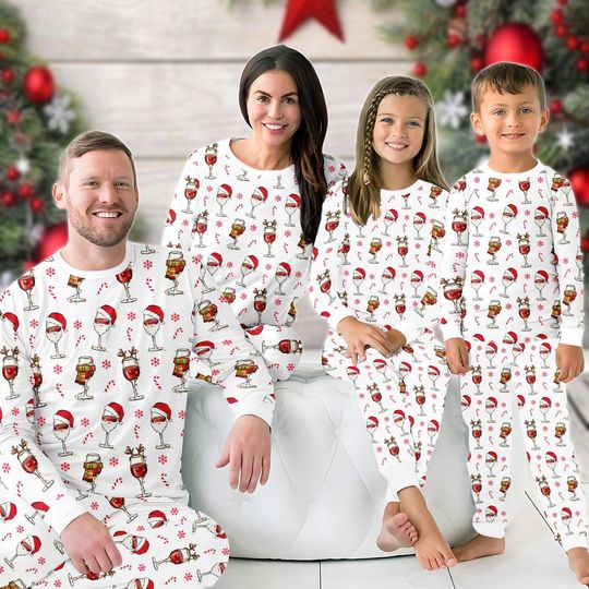 Wine Glass Christmas Pajama Set for Adults, Holiday Loungewear with Santa Hat and Wine Lover Tee