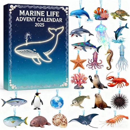 Marine Life Advent Calendar, Chirstmas Gift For Ocean Lovers, Sea Animal Christmas Decor, Hanging Decor, Christmas Countdown Calendar