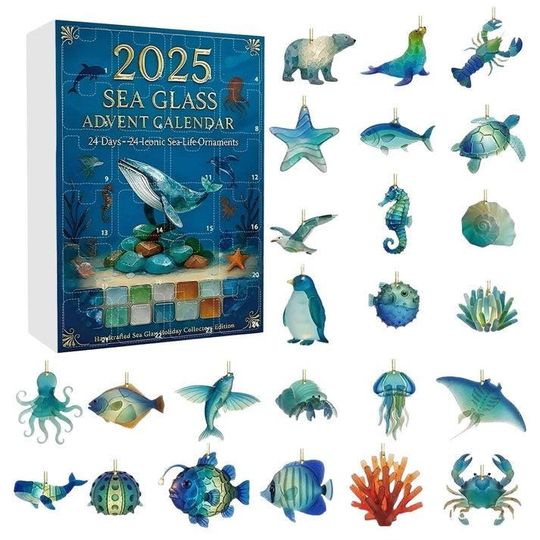Discover Sea Glass Advent Calendar 2025, Beach Lovers, Ocean Lovers Gift, Christmas Countdown with Ocean Ornaments, Holiday Decor & Unique Xmas Gift